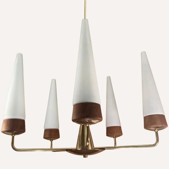 Image 1 of Teak, Brass And Opaline Chandelier By Rupert Nikoll, Austria, 1950S