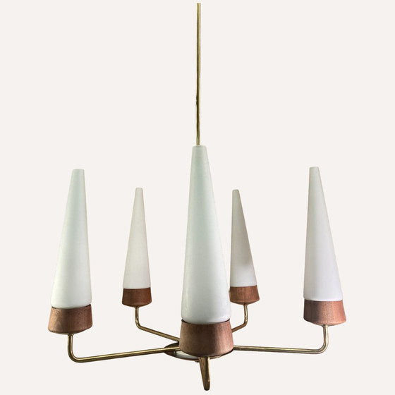 Image 1 of Teak, Brass And Opaline Chandelier By Rupert Nikoll, Austria, 1950S