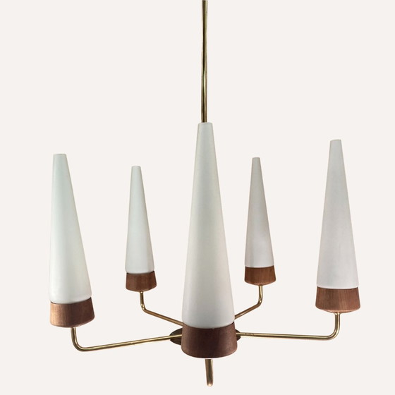 Image 1 of Teak, Brass And Opaline Chandelier By Rupert Nikoll, Austria, 1950S