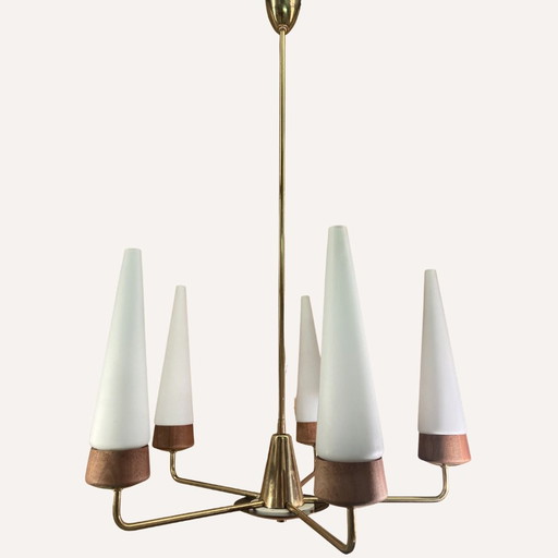 Teak, Brass And Opaline Chandelier By Rupert Nikoll, Austria, 1950S