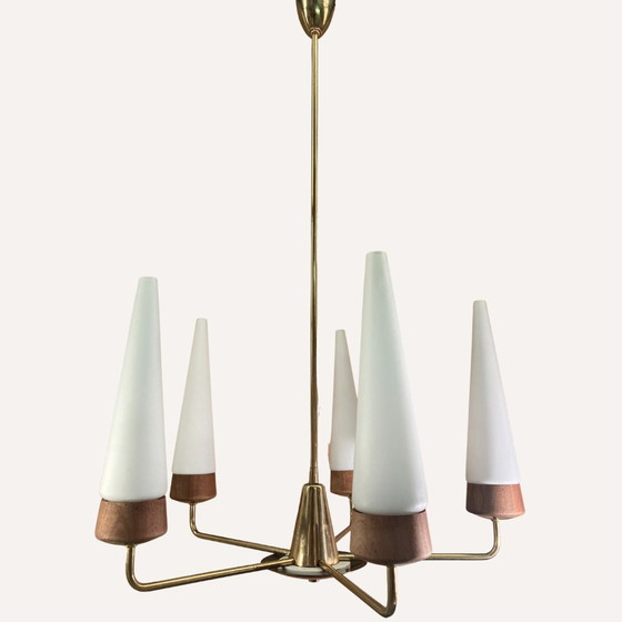 Image 1 of Teak, Brass And Opaline Chandelier By Rupert Nikoll, Austria, 1950S