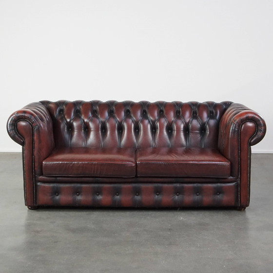 Image 1 of Dark Red Beef Leather Chesterfield Sofa