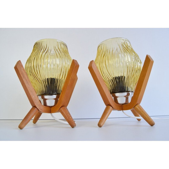 Image 1 of Pair of vintage glass and wood table lamps by Dřevo Humpolec, 1970
