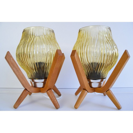 Image 1 of Pair of vintage glass and wood table lamps by Dřevo Humpolec, 1970