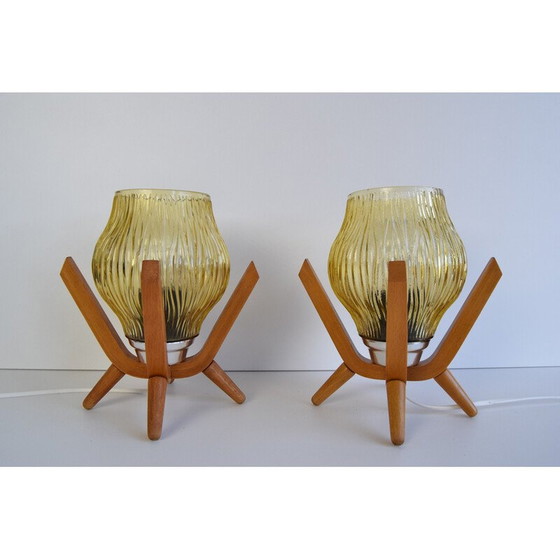 Image 1 of Pair of vintage glass and wood table lamps by Dřevo Humpolec, 1970