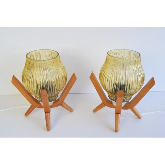 Image 1 of Pair of vintage glass and wood table lamps by Dřevo Humpolec, 1970