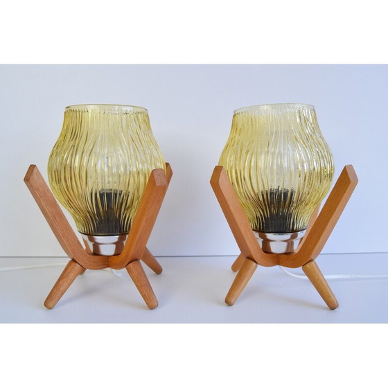 Image 1 of Pair of vintage glass and wood table lamps by Dřevo Humpolec, 1970