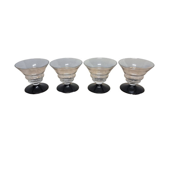 Image 1 of Set Of 4 Art Deco Shot Glasses On Black Base, 1930s