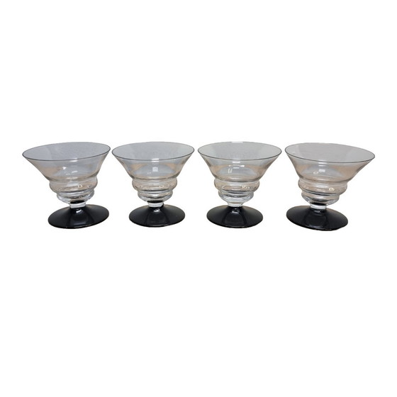 Image 1 of Set Of 4 Art Deco Shot Glasses On Black Base, 1930s