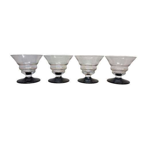 Set Of 4 Art Deco Shot Glasses On Black Base, 1930s