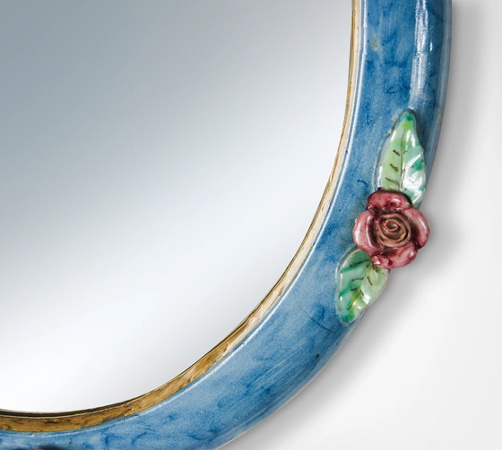 Image 1 of C.A.S Vietri Italy Ceramic Wall Mirror with Applique Flowers Signed