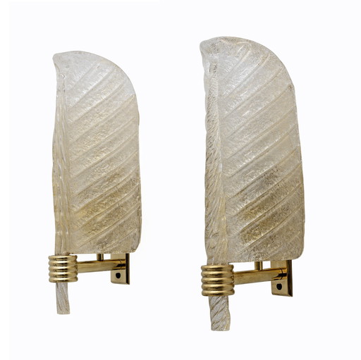 Pair Of Barovier & Toso Style Mid-Century "Graniglia" Murano Glass Leaf Sconces