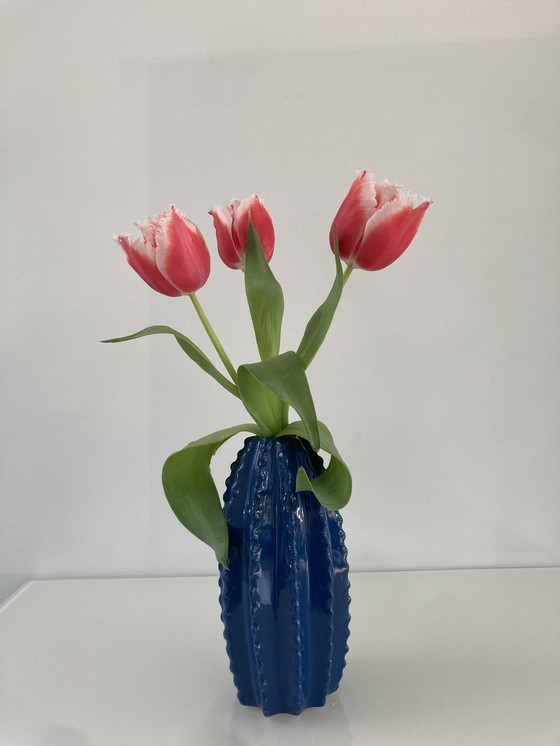 Image 1 of Modern Blue Ribbed Vase, 19 cm High