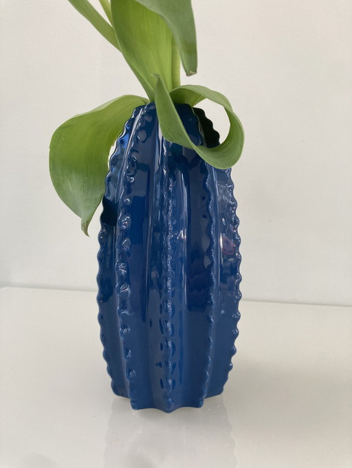 Modern Blue Ribbed Vase, 19 cm High