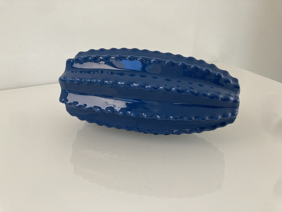 Image 1 of Modern Blue Ribbed Vase, 19 cm High