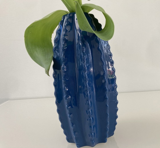 Image 1 of Modern Blue Ribbed Vase, 19 cm High
