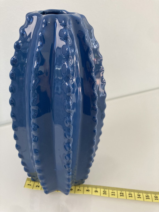 Image 1 of Modern Blue Ribbed Vase, 19 cm High