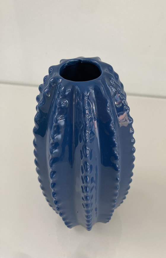 Image 1 of Modern Blue Ribbed Vase, 19 cm High