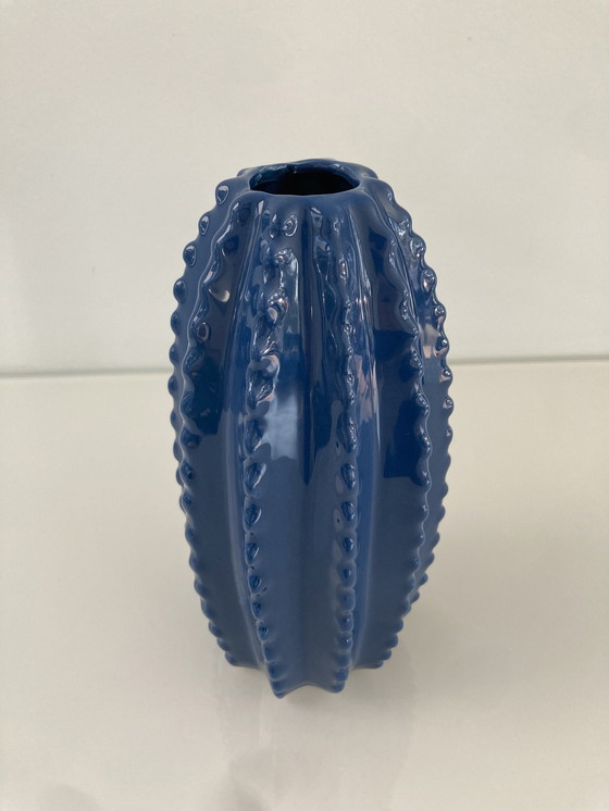 Image 1 of Modern Blue Ribbed Vase, 19 cm High