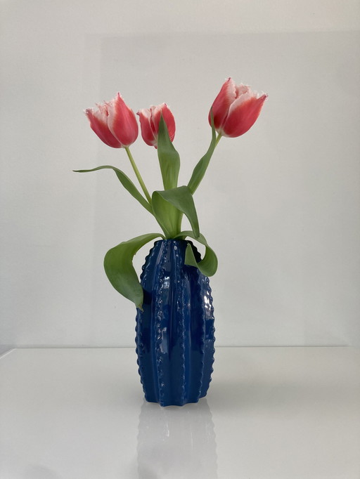 Modern Blue Ribbed Vase, 19 cm High