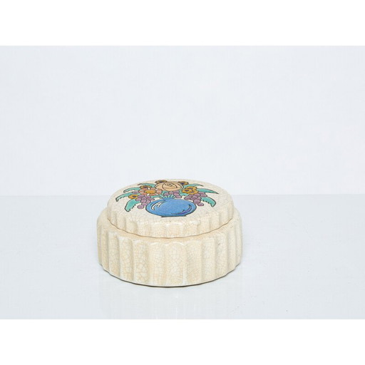 Scatola rotonda Art Déco vintage in ceramica smaltata, 1930