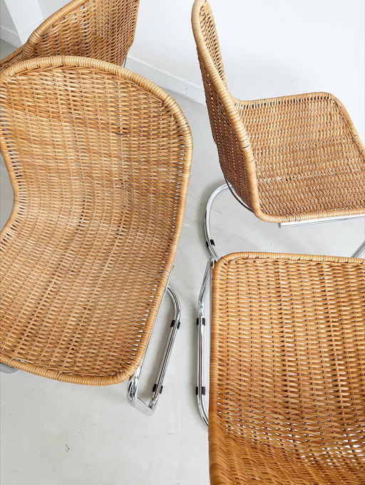 4x Italian Chrome & Wicker Dining Chairs 1970'S