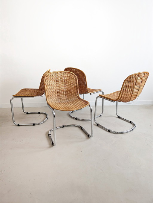 4x Italian Chrome & Wicker Dining Chairs 1970'S