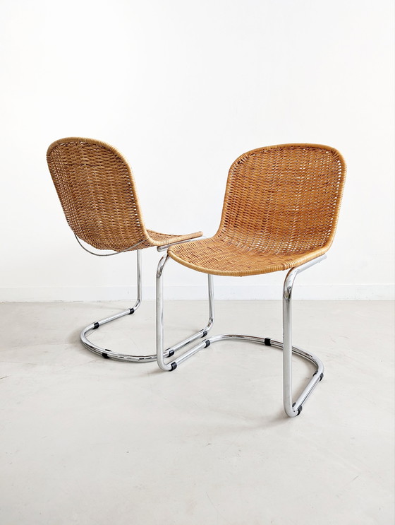 Image 1 of 4x Italian Chrome & Wicker Dining Chairs 1970'S