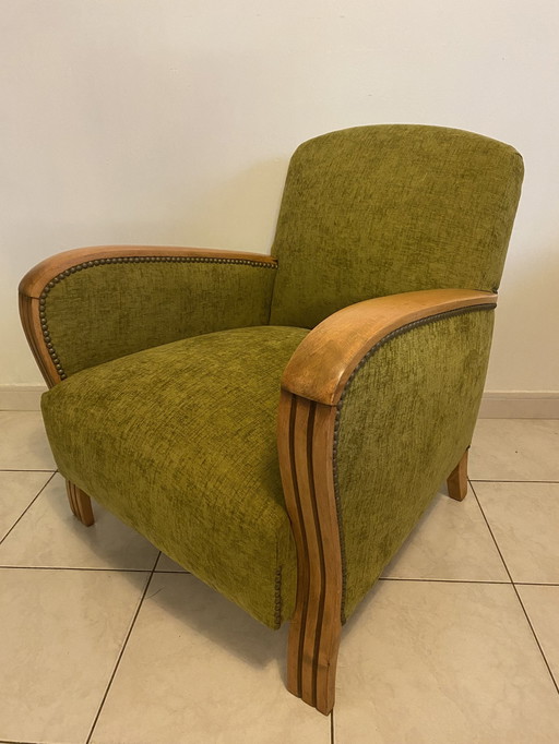 Antique Art Deco 30's Armchair Completely Refurbished, The Structure Is Solid And Treated Against Insects