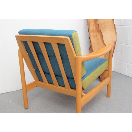 Image 1 of Vintage armchair in solid wood and blue and green fabric, 1960