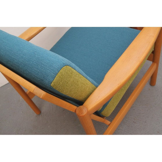 Image 1 of Vintage armchair in solid wood and blue and green fabric, 1960