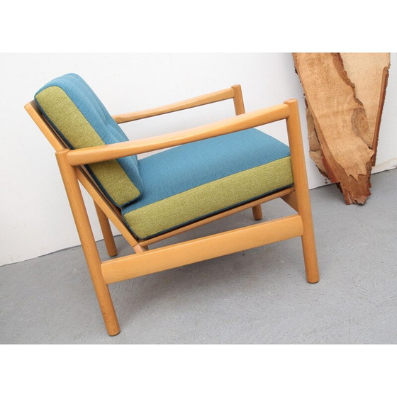 Image 1 of Vintage armchair in solid wood and blue and green fabric, 1960