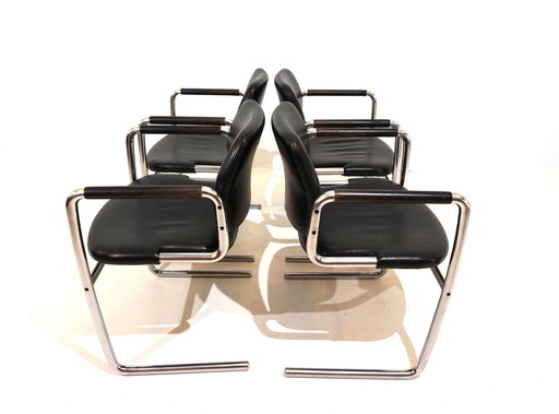 Juego de 4 sillas de comedor de cuero de Jørgen Kastholm para Kusch&amp;Co