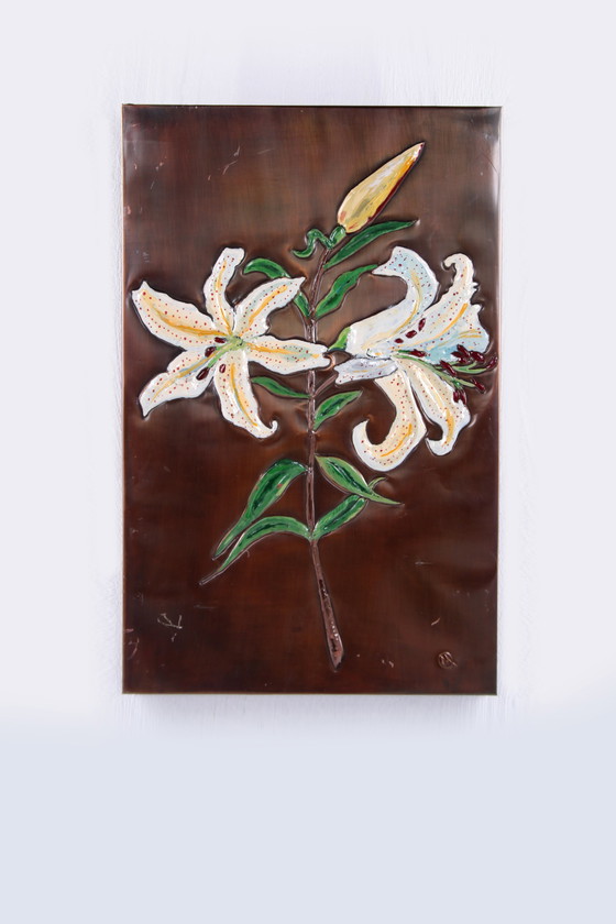 Image 1 of Copper Wall Decoration with Enamel Lilies 1960s