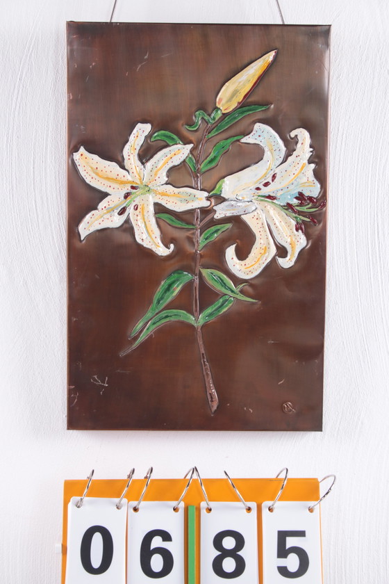 Image 1 of Copper Wall Decoration with Enamel Lilies 1960s