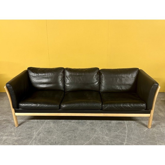 Image 1 of Danish vintage 3 seater black leather sofa with wooden frame, 1960s