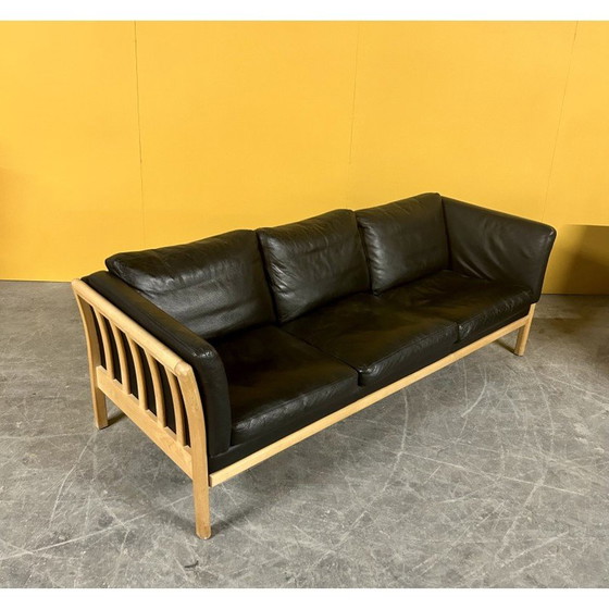 Image 1 of Danish vintage 3 seater black leather sofa with wooden frame, 1960s