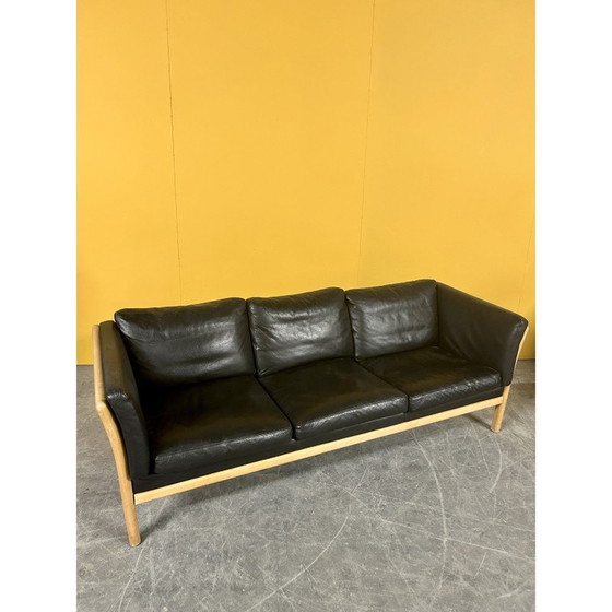 Image 1 of Danish vintage 3 seater black leather sofa with wooden frame, 1960s