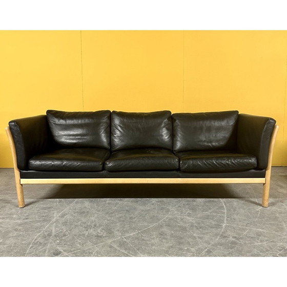 Image 1 of Danish vintage 3 seater black leather sofa with wooden frame, 1960s