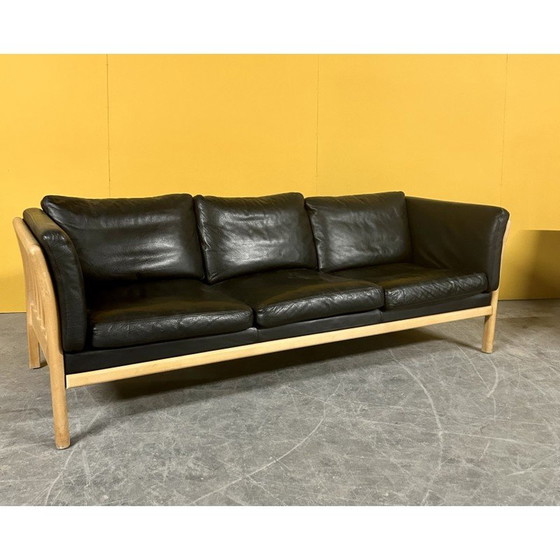 Image 1 of Danish vintage 3 seater black leather sofa with wooden frame, 1960s