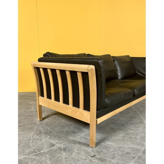 Image 1 of Danish vintage 3 seater black leather sofa with wooden frame, 1960s