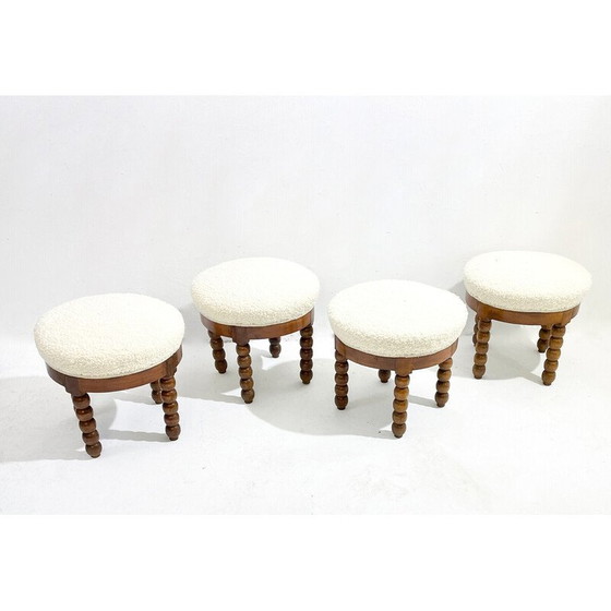 Image 1 of Mid-century stool in oakwood and white boucle fabric, 1970s