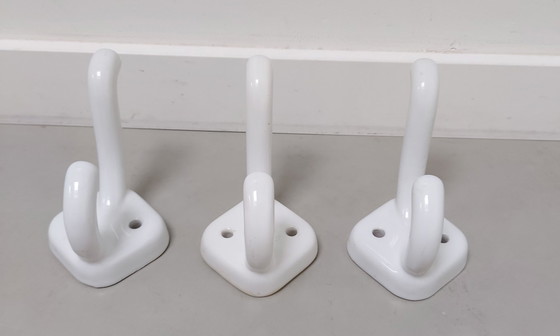 Image 1 of Bathrobe/Bathroom Hooks 3X White Pottery Dutch Art Deco