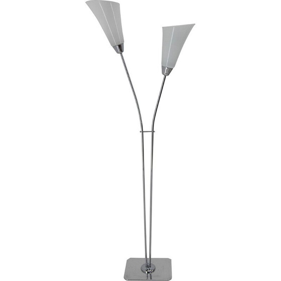 Image 1 of Lampada da terra vintage Art Déco con due paralumi in vetro opalino, anni '40