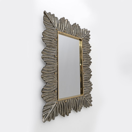 Image 1 of Pair Of Mid Century Modern Italian Brass And Leaf Murano Glass Wall Mirrors