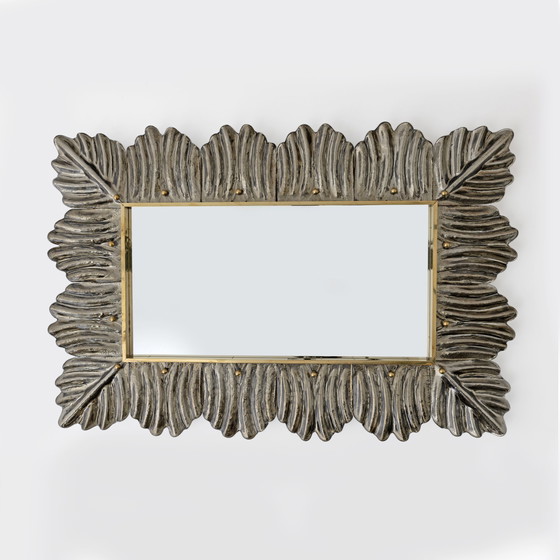 Image 1 of Pair Of Mid Century Modern Italian Brass And Leaf Murano Glass Wall Mirrors