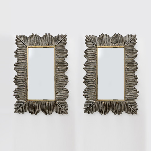 Pair Of Mid Century Modern Italian Brass And Leaf Murano Glass Wall Mirrors