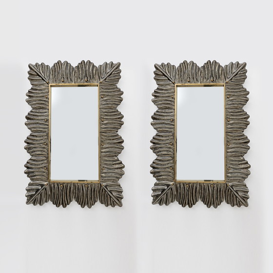 Image 1 of Pair Of Mid Century Modern Italian Brass And Leaf Murano Glass Wall Mirrors