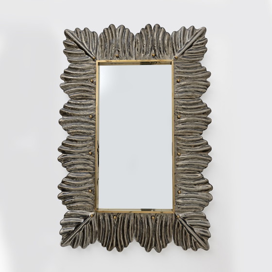 Image 1 of Pair Of Mid Century Modern Italian Brass And Leaf Murano Glass Wall Mirrors