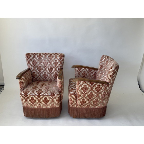 Image 1 of Pair of vintage pink flocked armchairs in teak, Denmark 1960